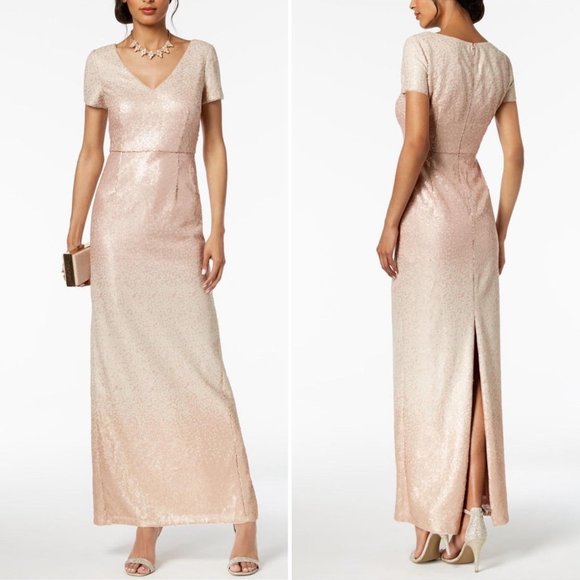 Adrianna Papell Ombre Sequin Column Gown Blush Ombre Short Sleeve V-Neck Size 10 - Picture 8 of 16